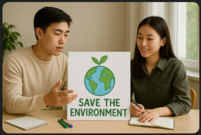 Nam và Lan đang thảo luận về một dự án học tập về môi trường.